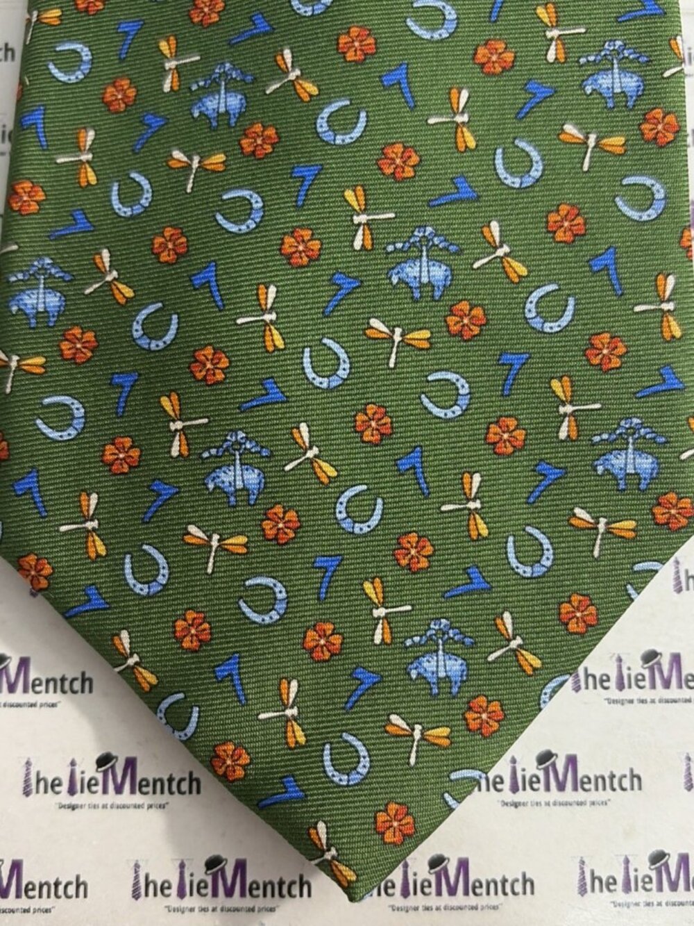 BROOKS BROTHER Green w/ Logo Horseshoe Dragonfly Flower Tie(New Minor Flaw)